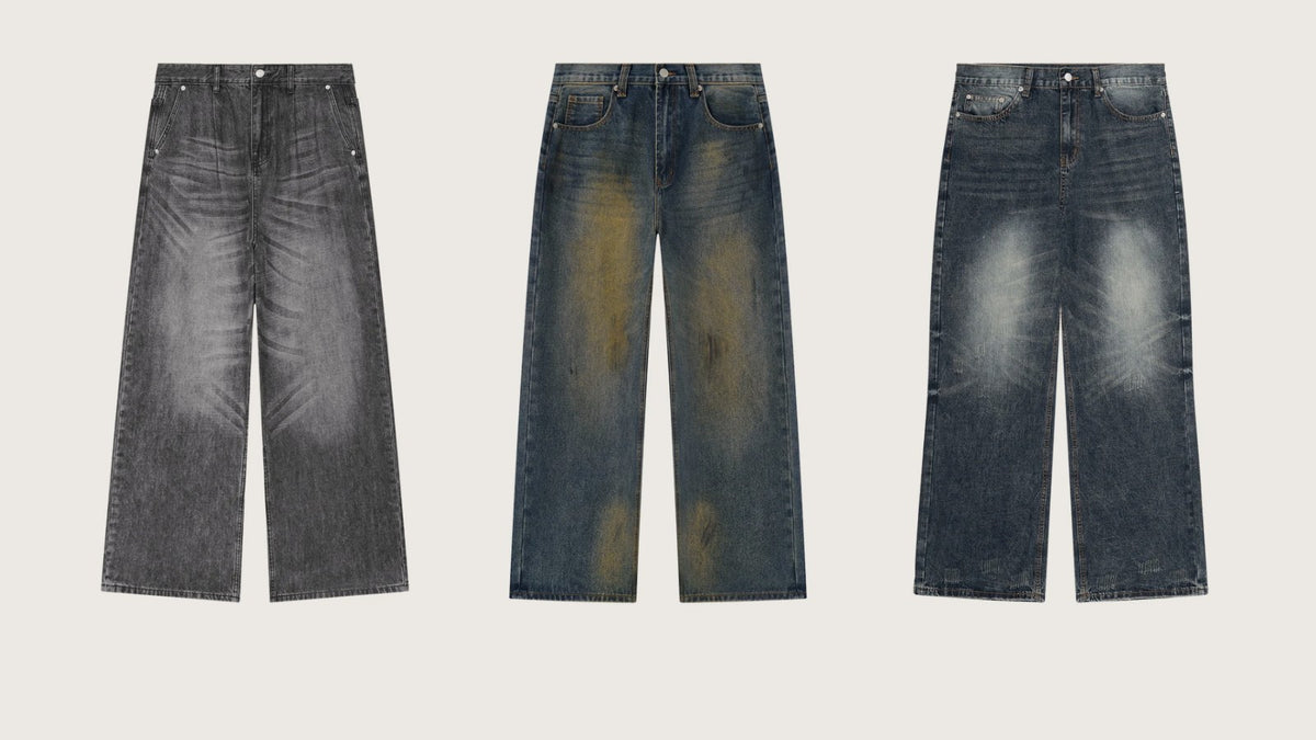 VFF baggy and wide leg jeans in black and vintage blue washes