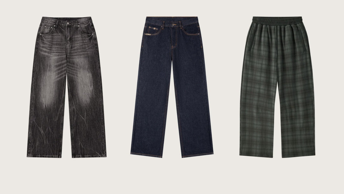 VFF black wide leg jeans, navy straight leg jeans and plaid trousers