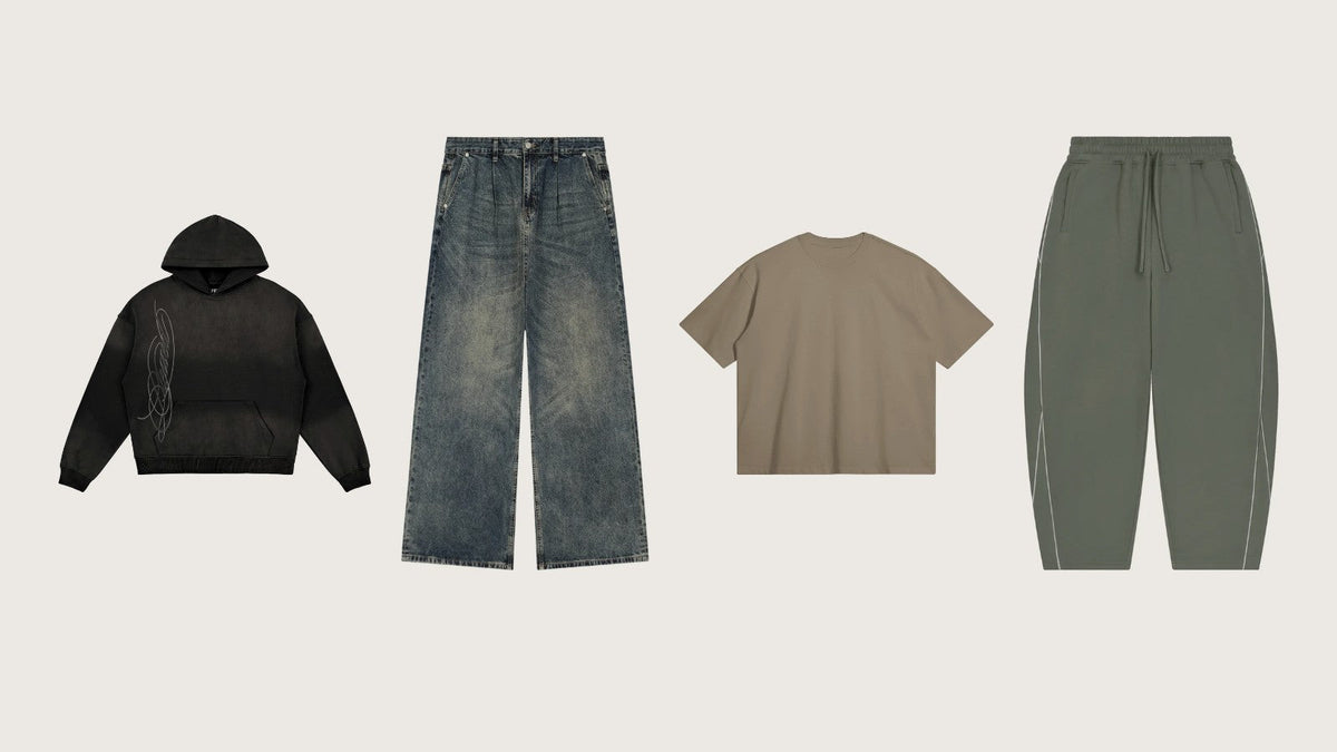 VFF streetwear: graphic hoodie, baggy jeans, boxy tee and barrel leg sweatpants