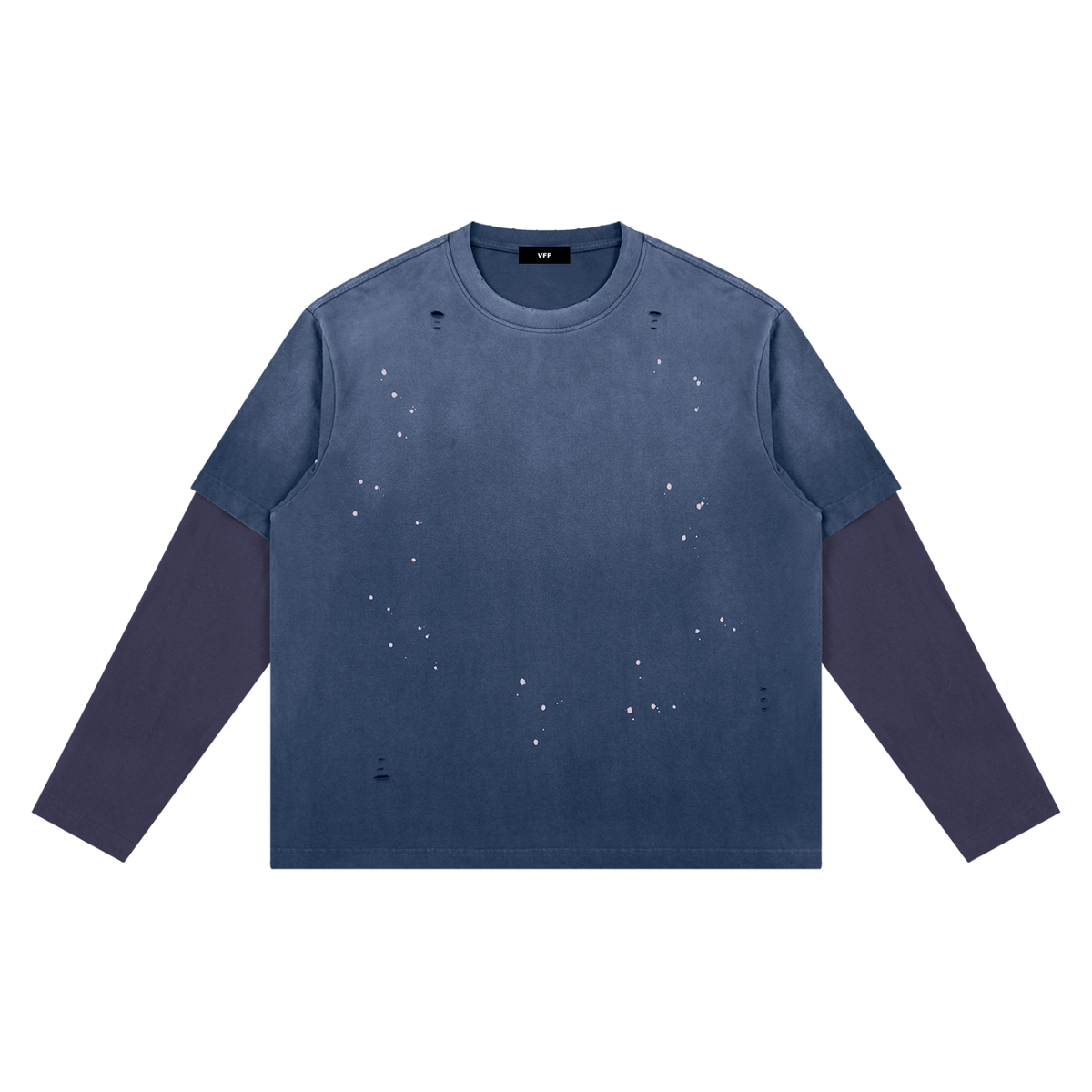 VFF distressed layered long sleeve tee in Jeans Blue with Purple – front view