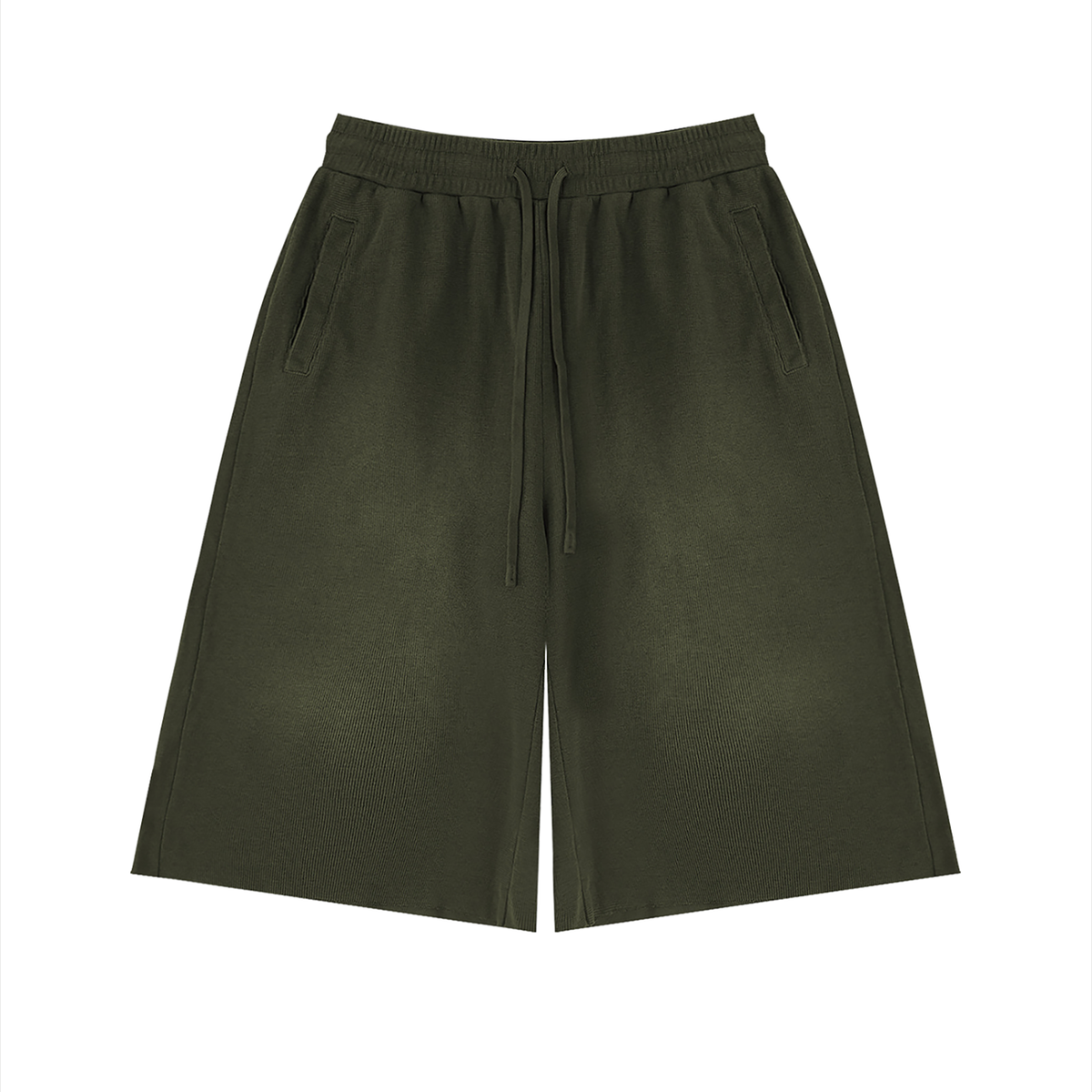 VFF sunfade raw edge fleece shorts in Army Green – front view