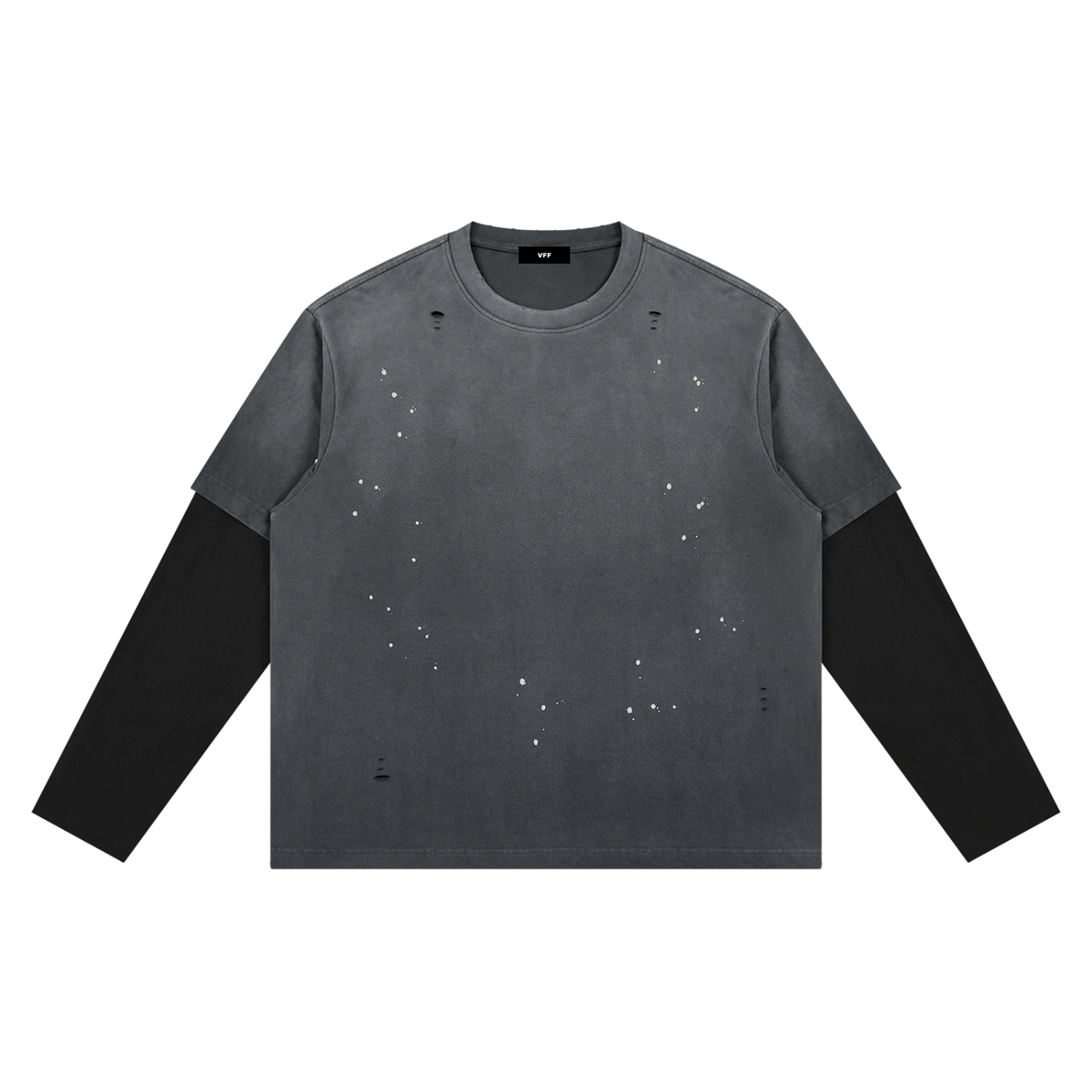 VFF distressed layered long sleeve tee in Dark Gray with Black – front view