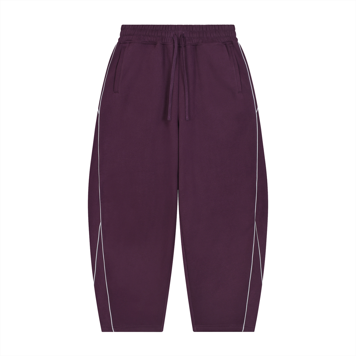VFF piping fleece barrel leg sweatpants in Plum Purple – front view