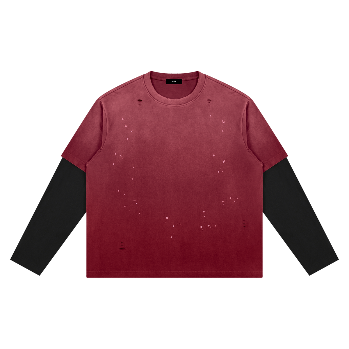 VFF distressed layered long sleeve tee in Dark Red with Black – front view