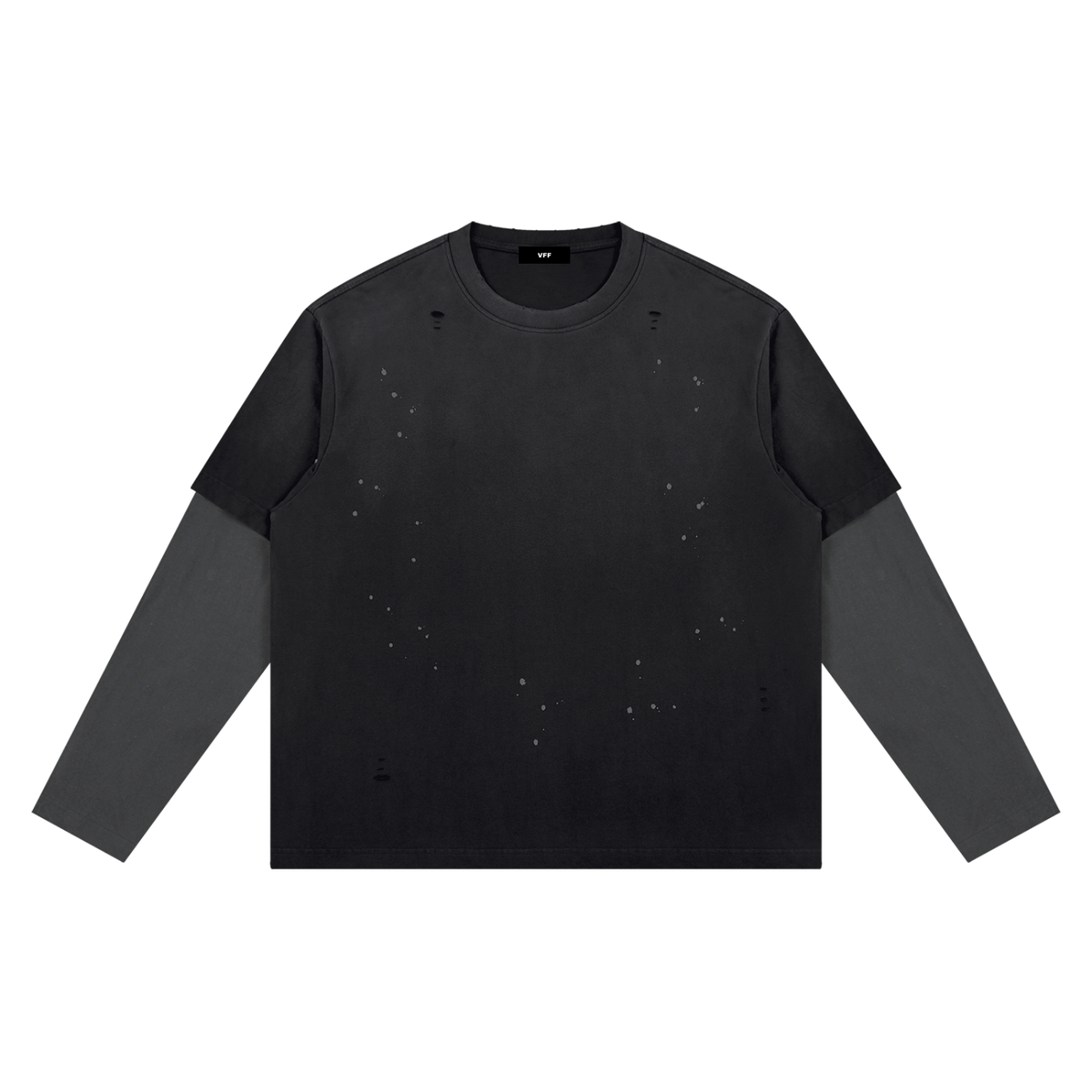 VFF distressed layered long sleeve tee in Black with Gray – front view